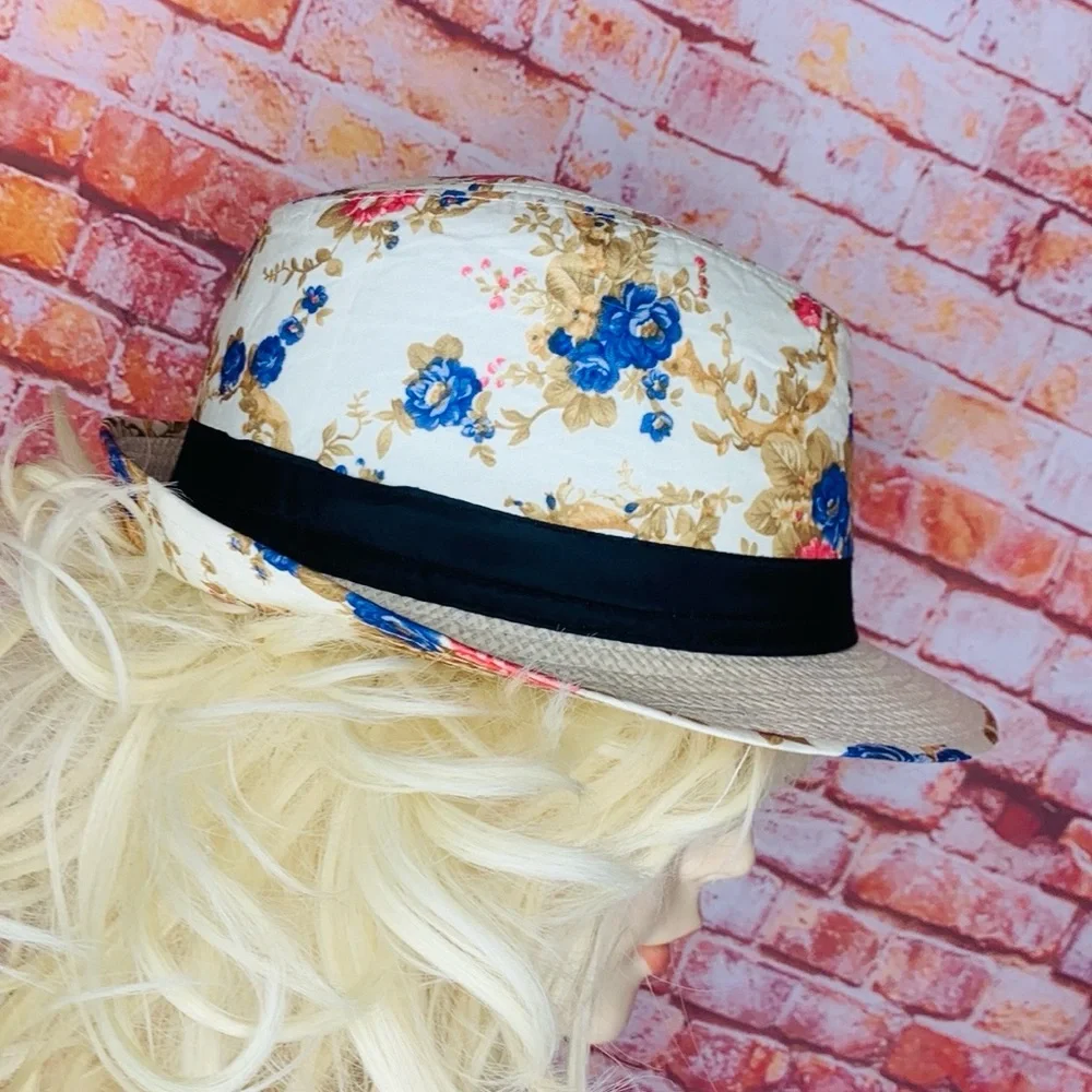 Cream Floral Retro Straw Brim Fedora Hat